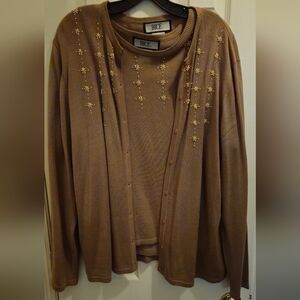 Bice Taupe Cardigan Sweater Set w/Embellishments - Size Large Shell/XL Cardigan